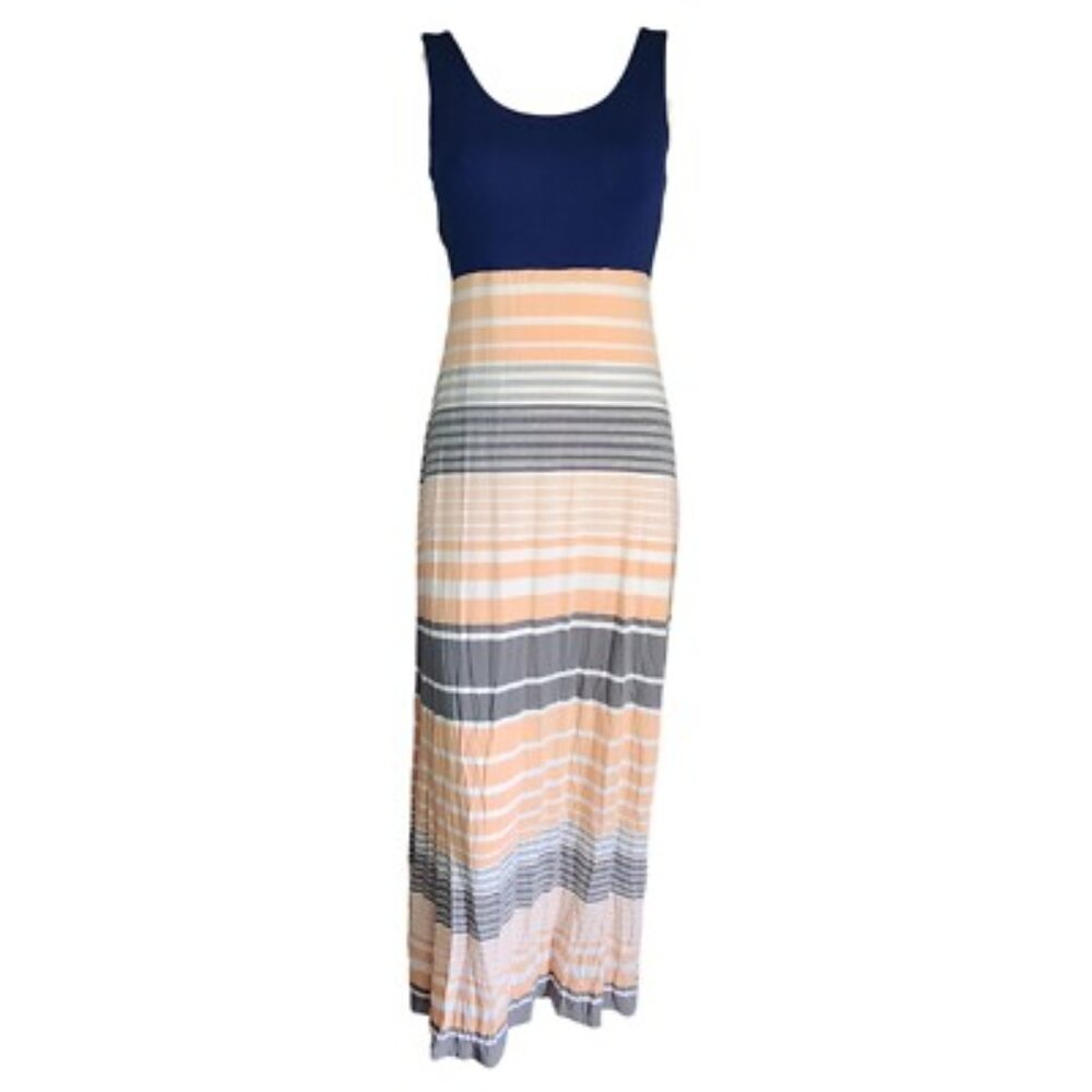 NWT MARKET & SPRUCE NAVY STRIPED CUT OUT BACK  SIZE L STRETCHY KNIT MAXI DRESS